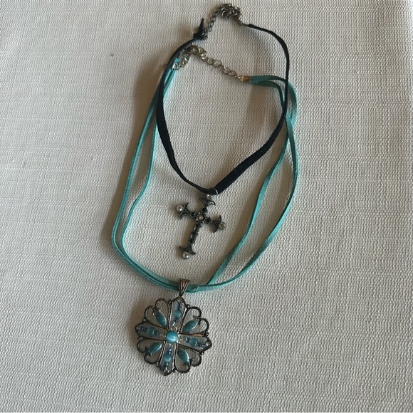 Vintage Suede Chain Necklaces Black Cross Pendants & Turquoise Flower - Picture 2 of 8